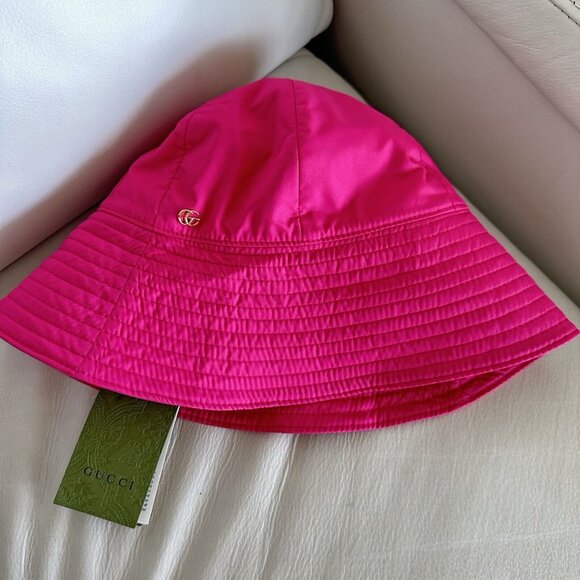 NWT GUCCI NYLON BUCKET PINK HAT GG logo Gold Size L - Picture 4 of 6